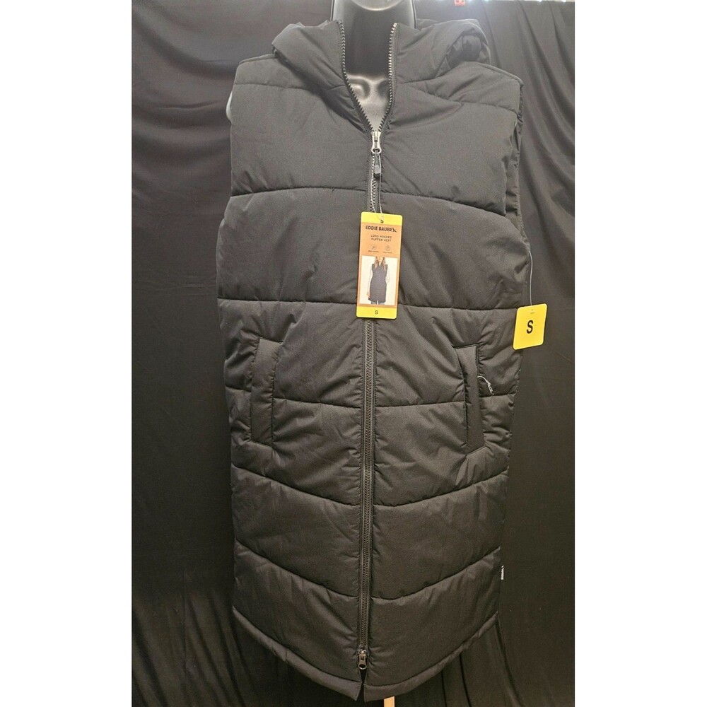 EDDIE BAUER KNEE LENGTH HOODED SZ S PUFFER VEST BLACK NWT - Picture 2 of 9